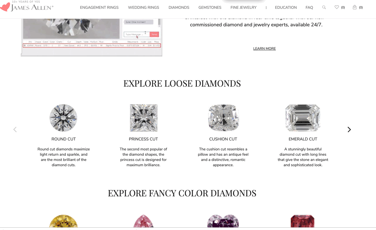 various types of diamond cuts on James Allen