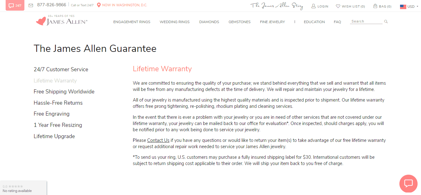 james allen warranty