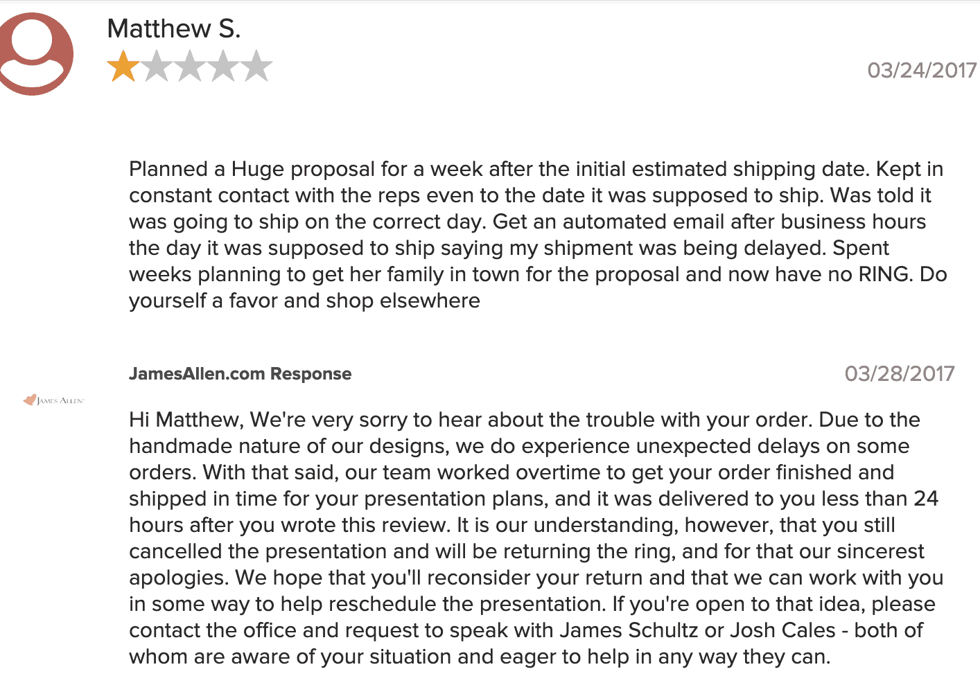 James Allen customer review James Allen reviews