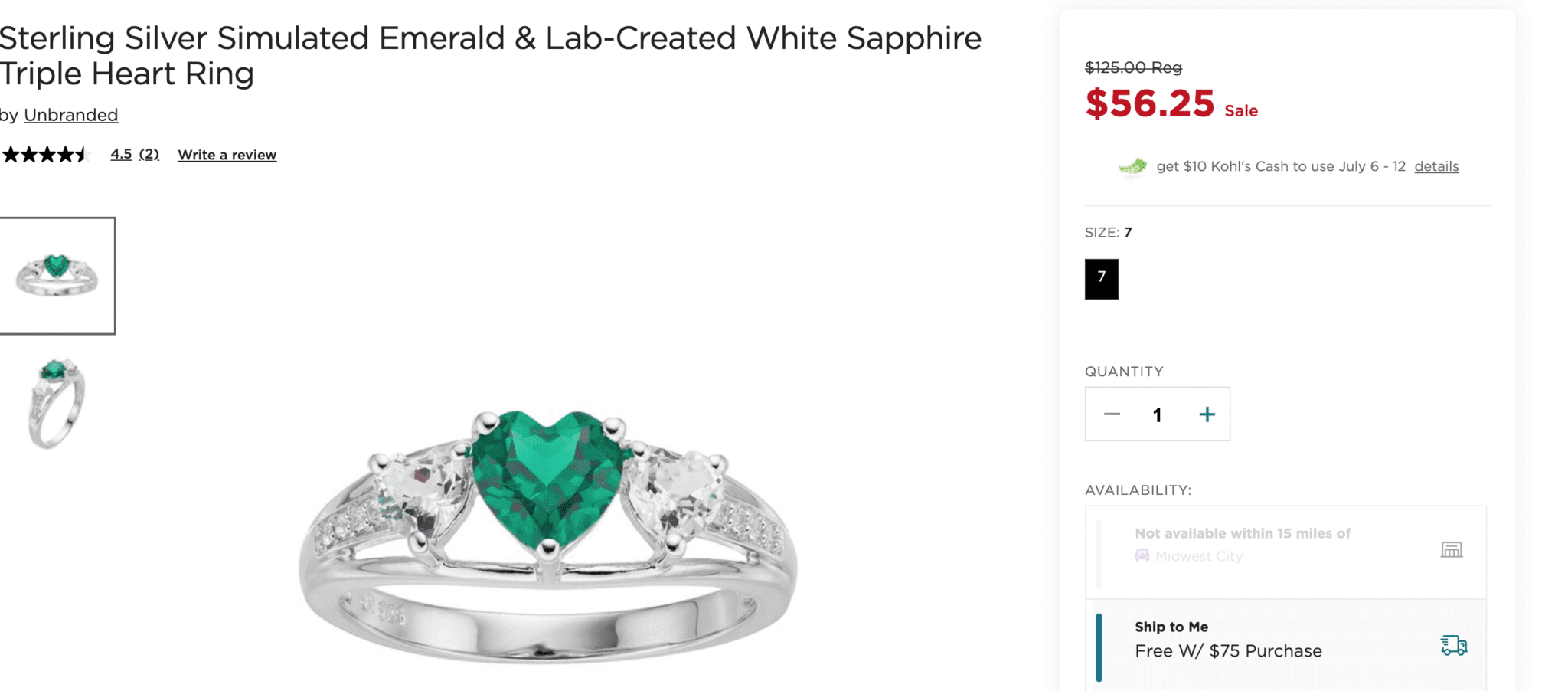 kohls emerald heart ring