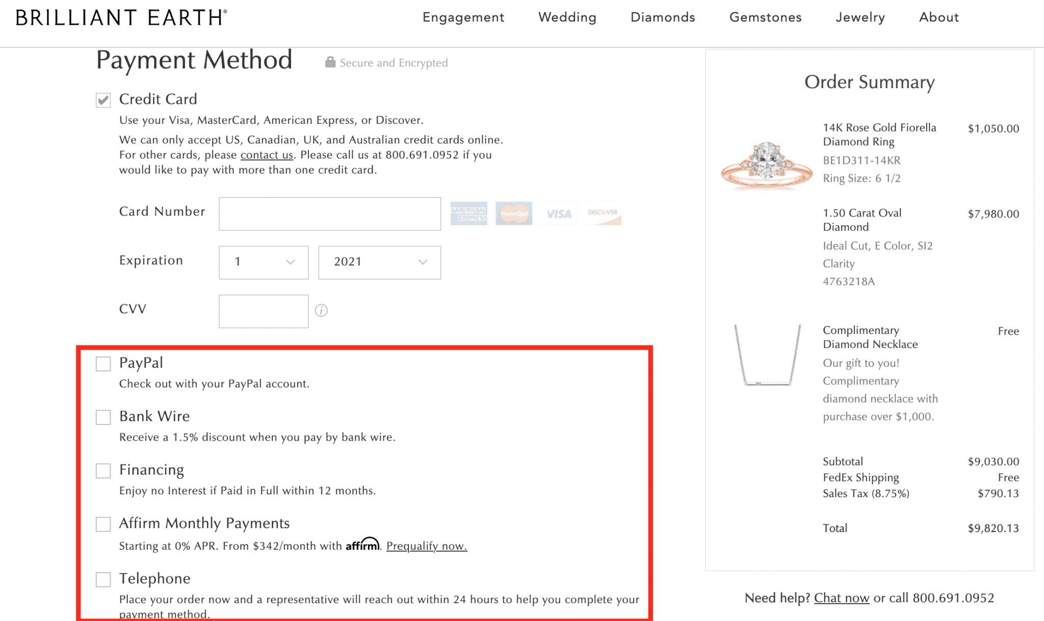 Brilliant Earth checkout payment methods