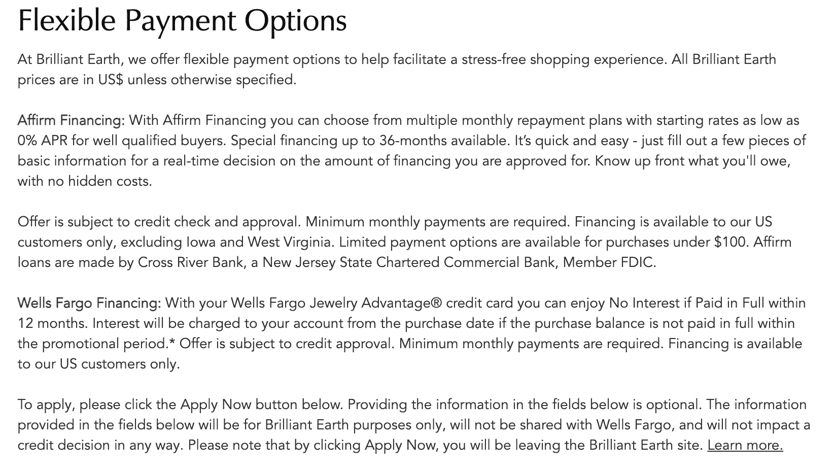 brilliant earth flexible payment options explanation