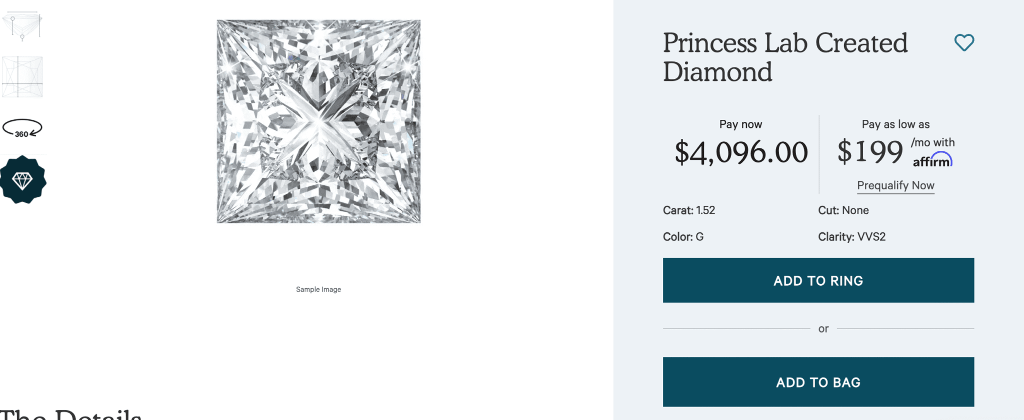 Princess cut lab created diamond