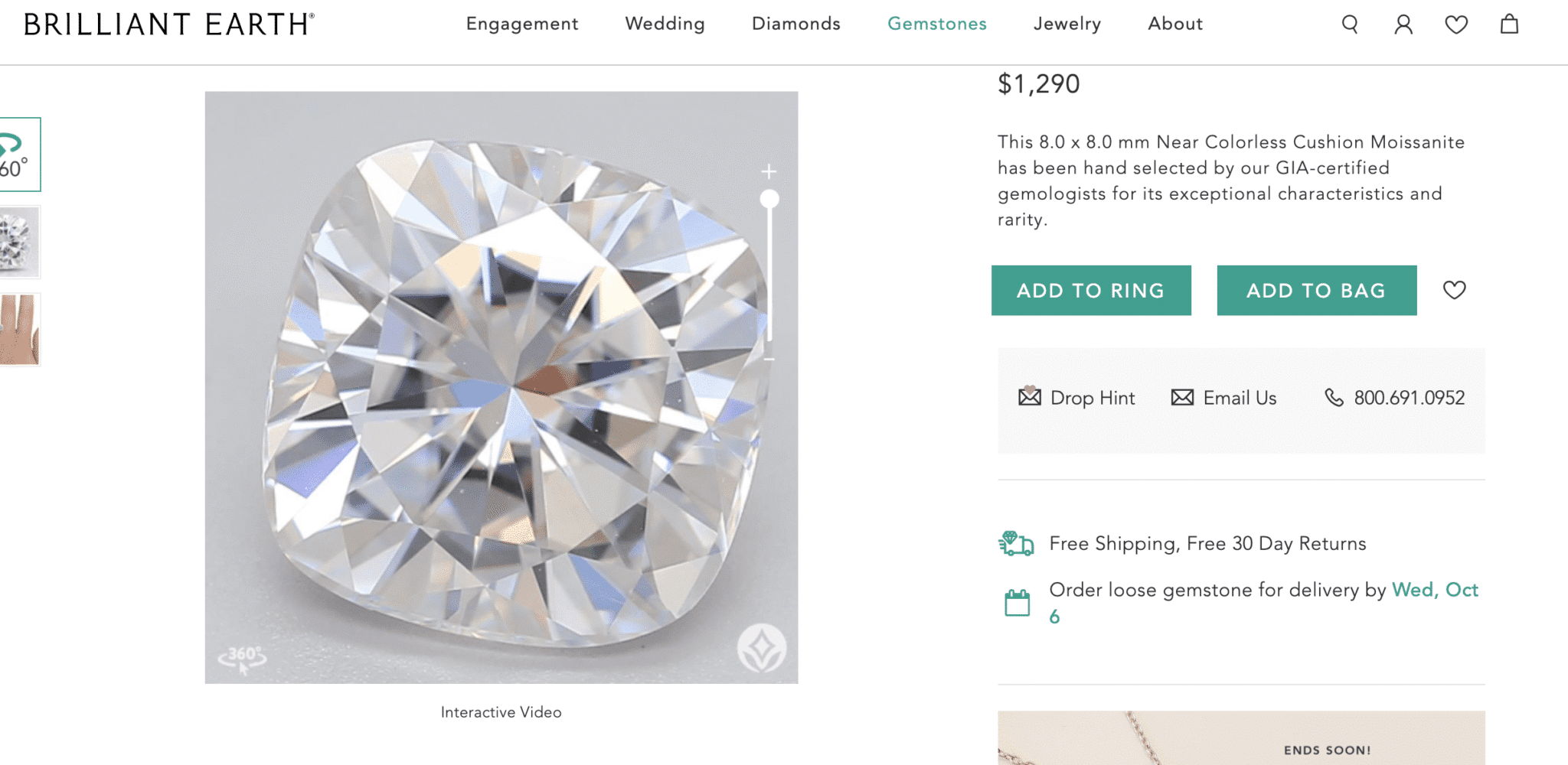 nearly colorless cushion moissanite loose gem from brilliant earth