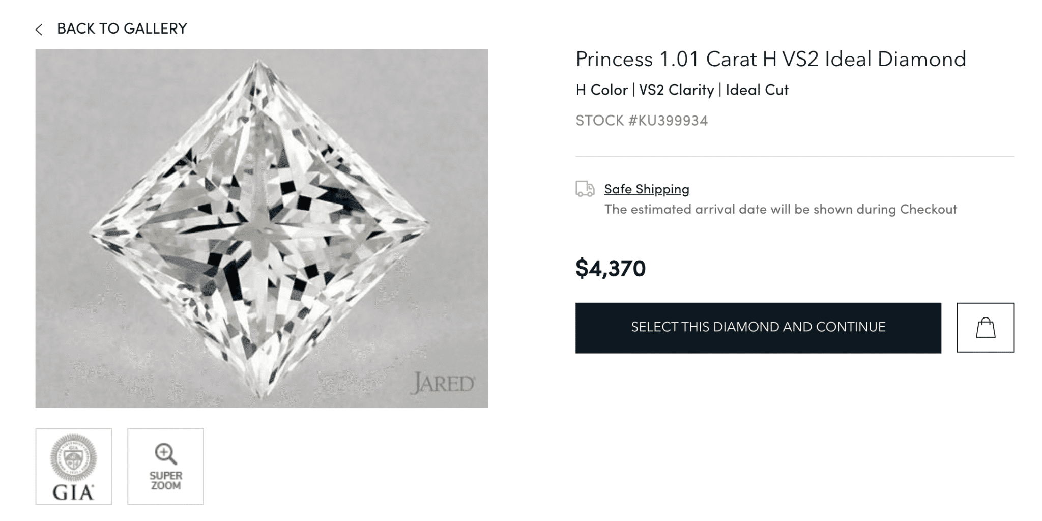 Princess 1.01 Carat H VS2 Ideal Diamond by Jared