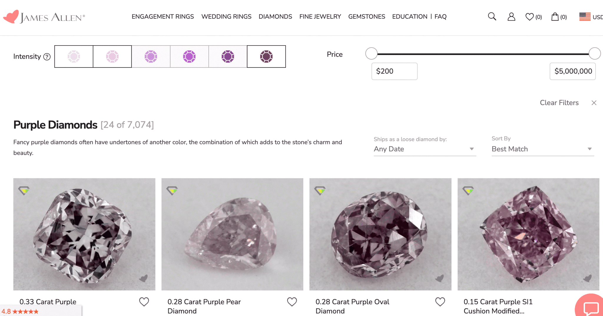 purple diamonds at James Allen