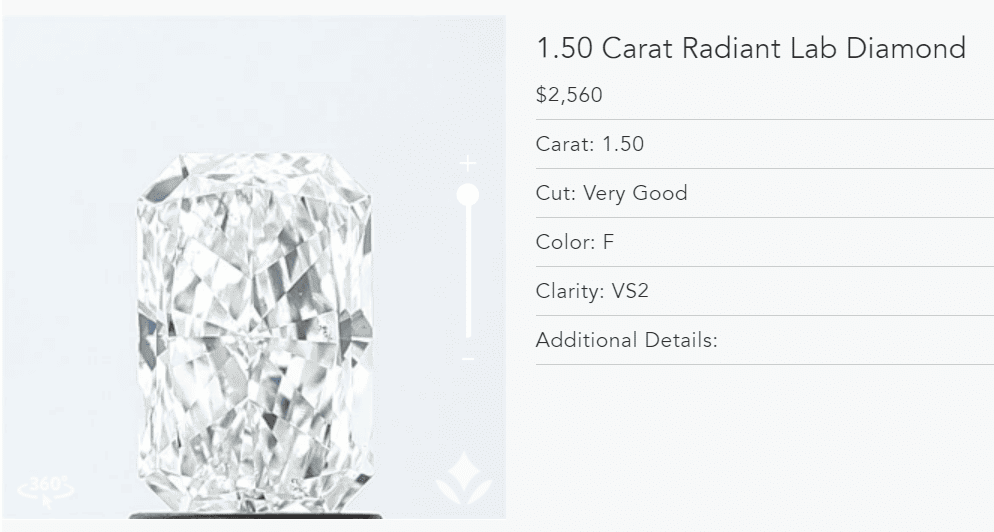 1.50 carat VS2 radiant cut lab diamond