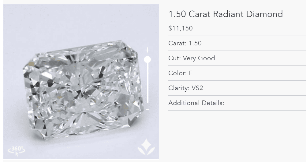 1.50 carat VS2 radiant cut natural diamond