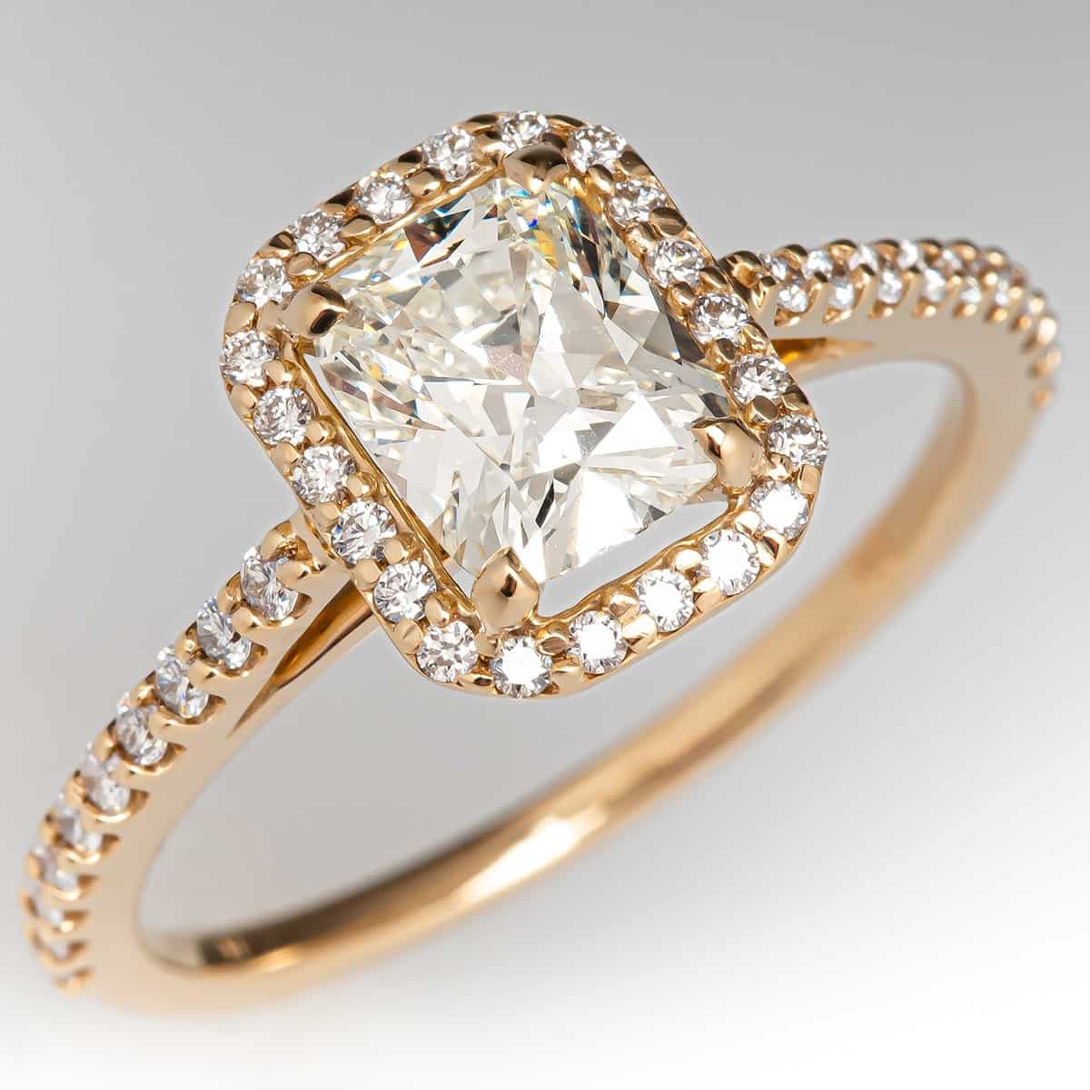 1.02 carat cushion cut SI2 M color diamond in 14k halo pave gold setting 1.02 carat cushion cut SI2 M color diamond in 14k halo pave gold setting
