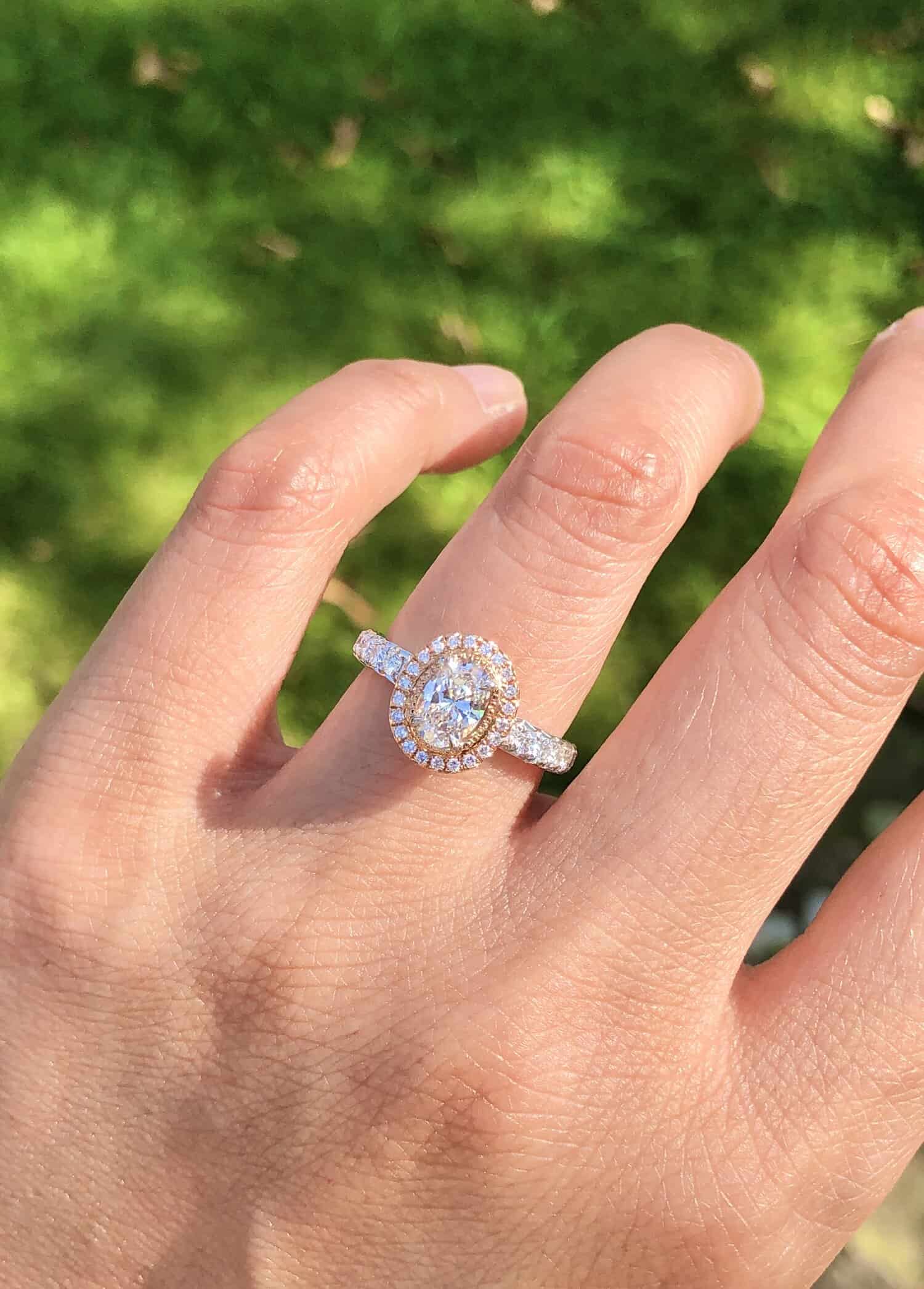 J Color 1.2 ct Oval ring with halo setting by J Sampieri