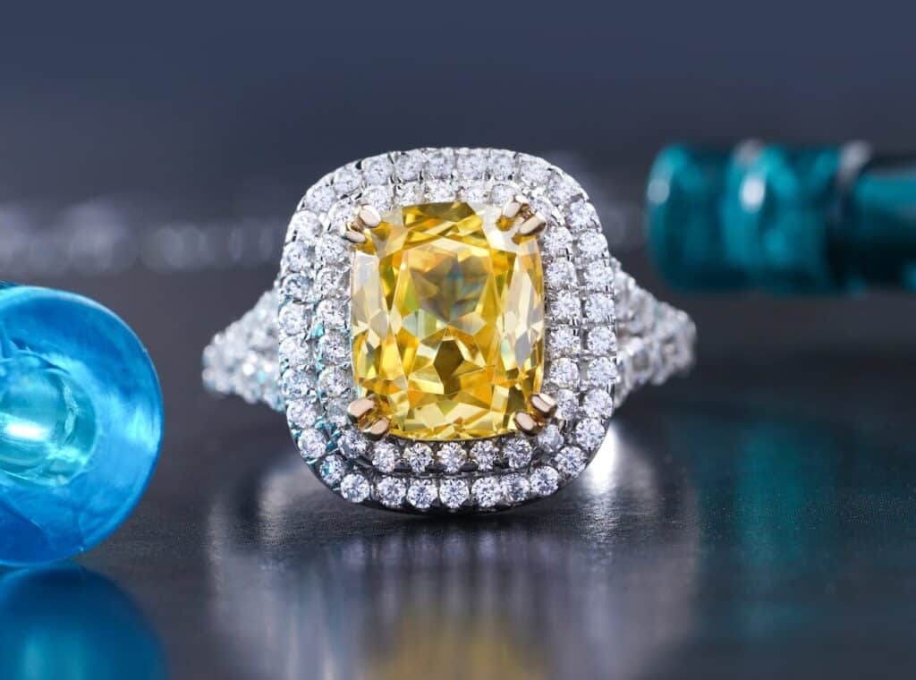 fancy yellow diamond in halo setting