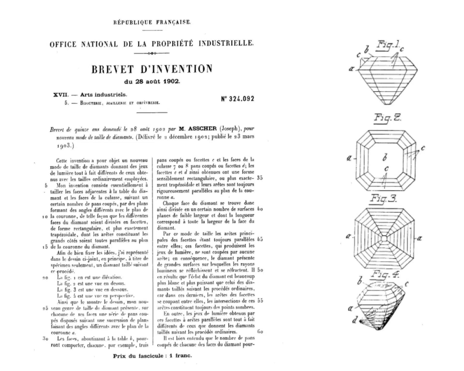 Patent for the original Asscher diamond cut Patent for the original Asscher diamond cut