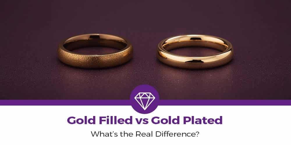 Dark bronze gold filled ring and light gold plated ring on purple background — Gold Filled vs Gold Plated jewelry comparison.