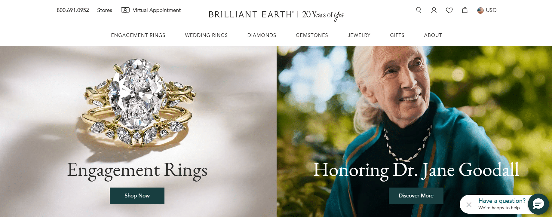 Brilliant Earth homepage banner showing a gold engagement ring with a large oval diamond and floral side stones on the left, and Dr. Jane Goodall smiling outdoors on the right