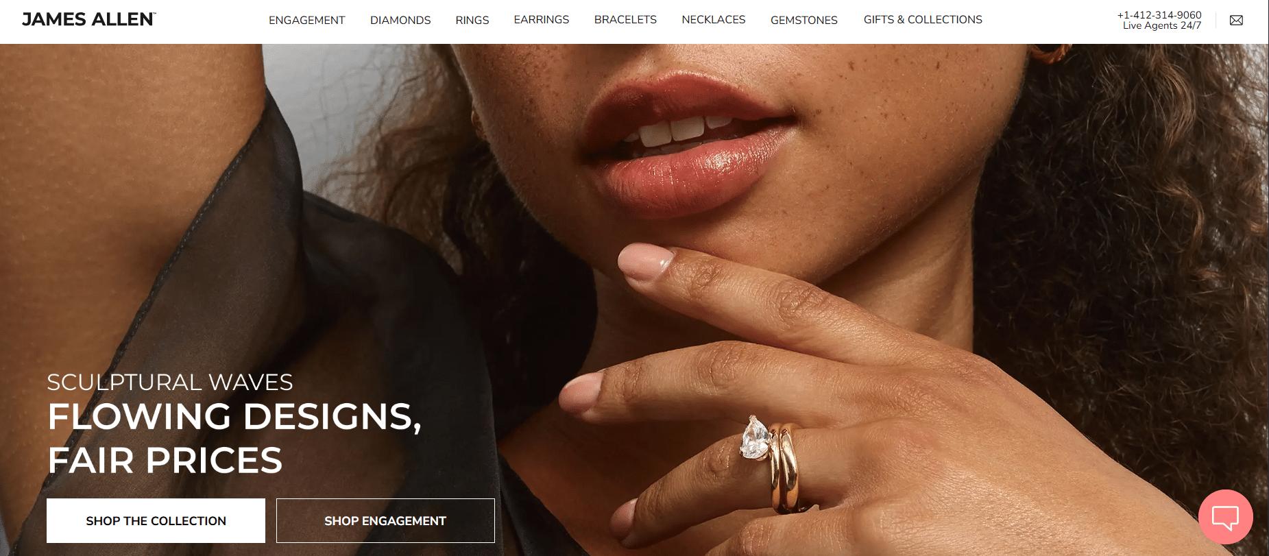 James Allen homepage banner showing a close-up of a woman wearing a pear-shaped diamond engagement ring and gold wedding band, with the text “Sculptural Waves — Flowing Designs, Fair Prices.”