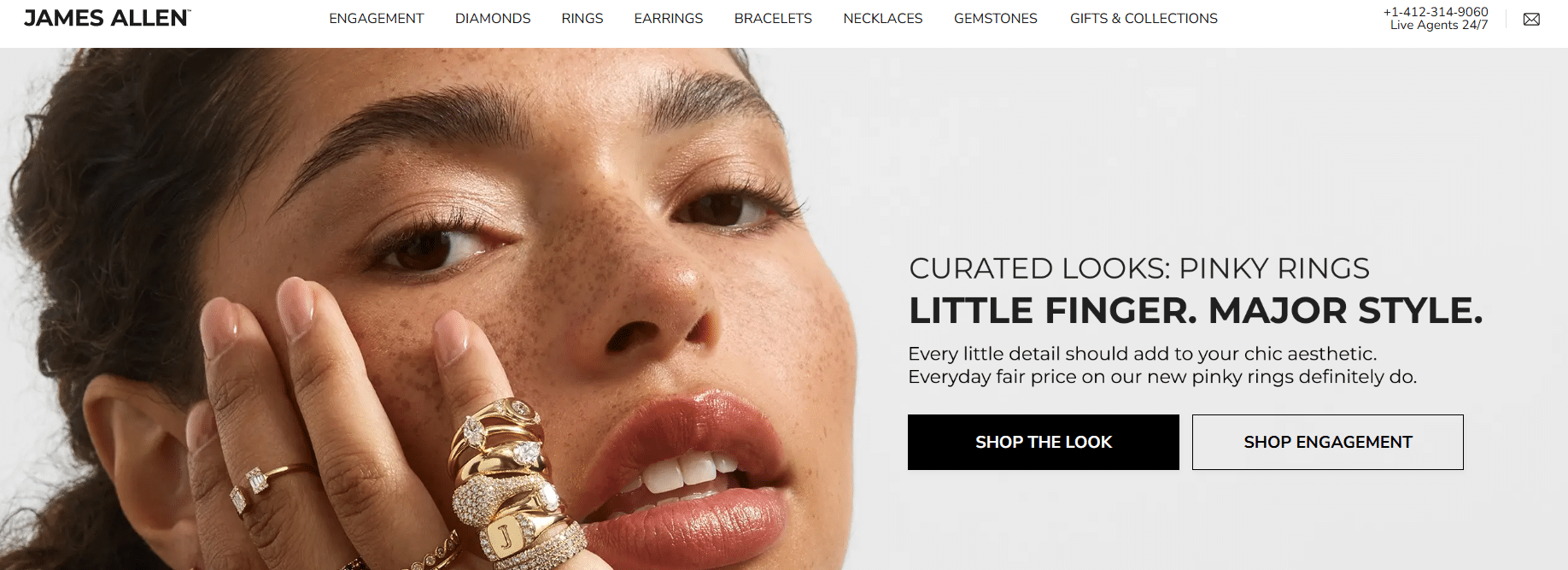 Model wearing multiple gold pinky rings from James Allen showcasing curated looks and elegant jewelry style