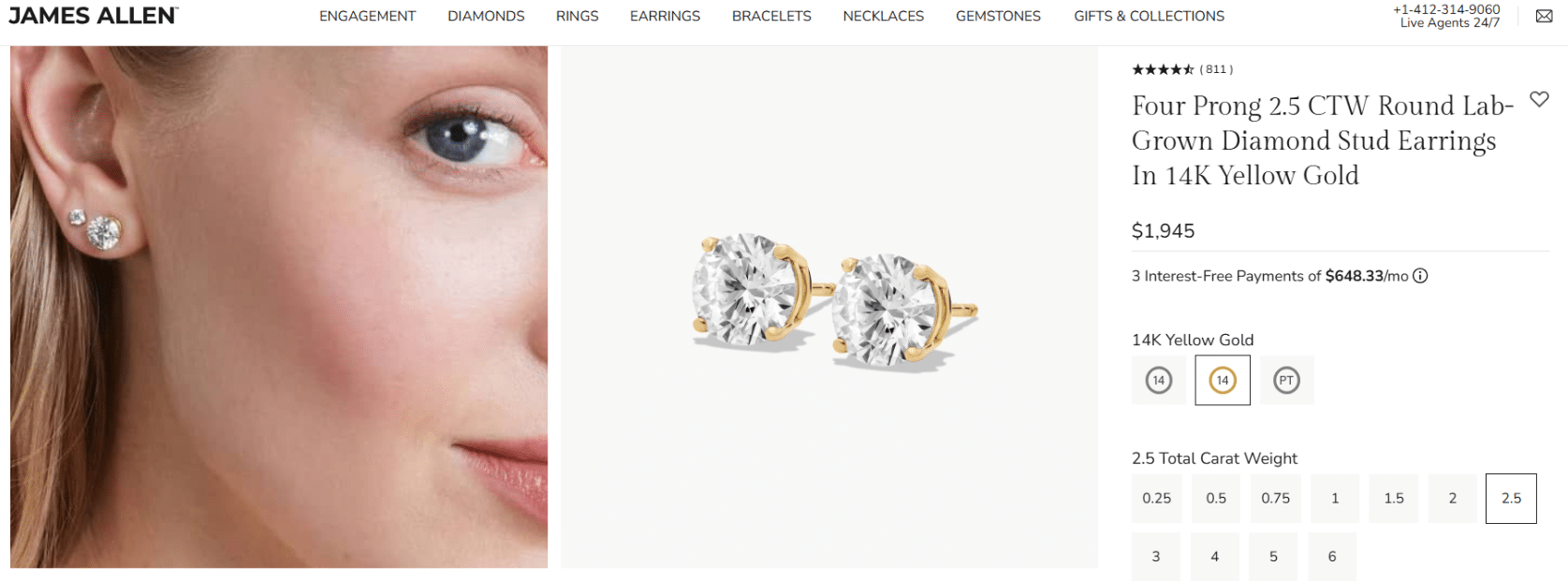 Close-up of a woman wearing elegant 14K yellow gold diamond stud earrings from James Allen, showcasing a brilliant round cut design beside a detailed product image of the same earrings. The photo highlights sparkle, craftsmanship, and luxury — ideal visual for ‘best place to buy diamond earrings’ content.