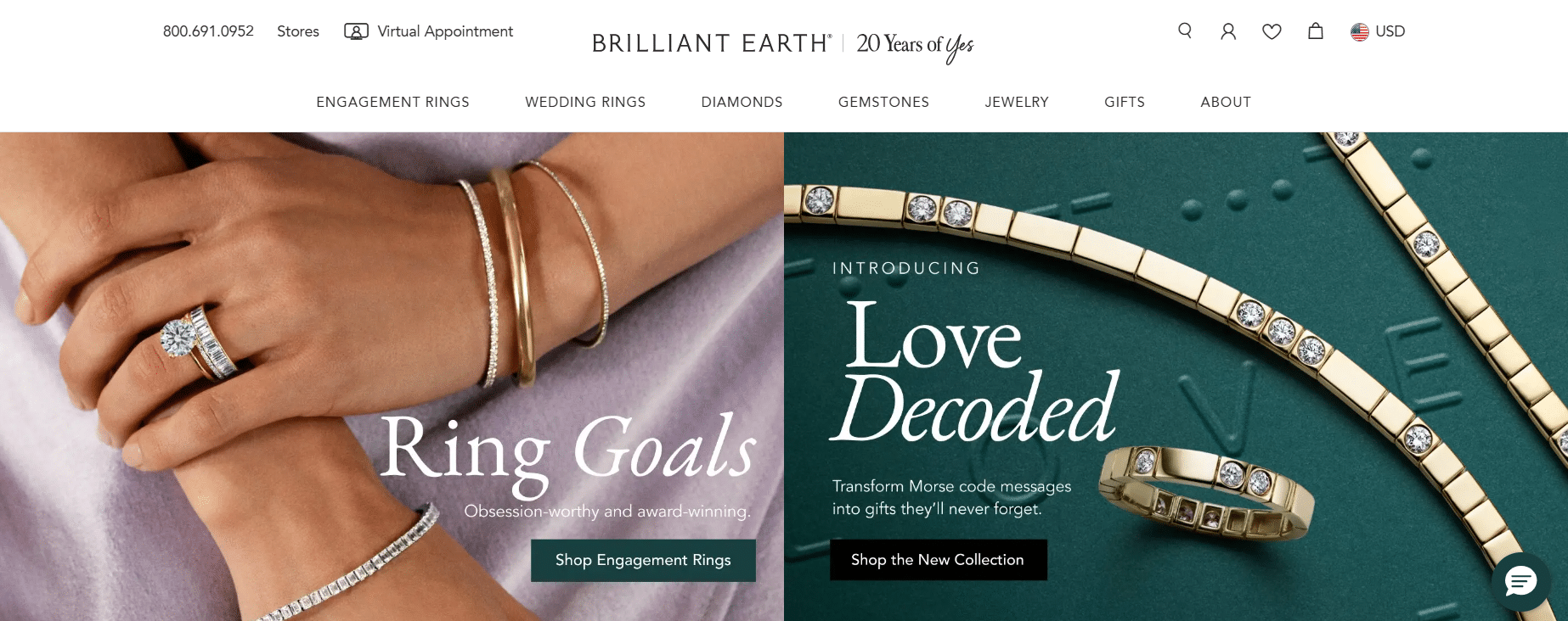 Homepage of Brilliant Earth showcasing elegant diamond and gold jewelry — including engagement rings and bracelets — promoting ethical sourcing and sustainable fine jewelry collections