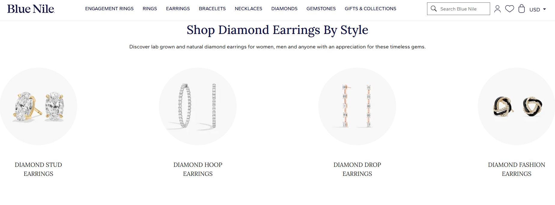 Blue Nile diamond earrings collection — showcasing diamond stud earrings, diamond hoop earrings, diamond drop earrings, and diamond fashion earrings. A curated selection from one of the best places to buy diamond earrings online